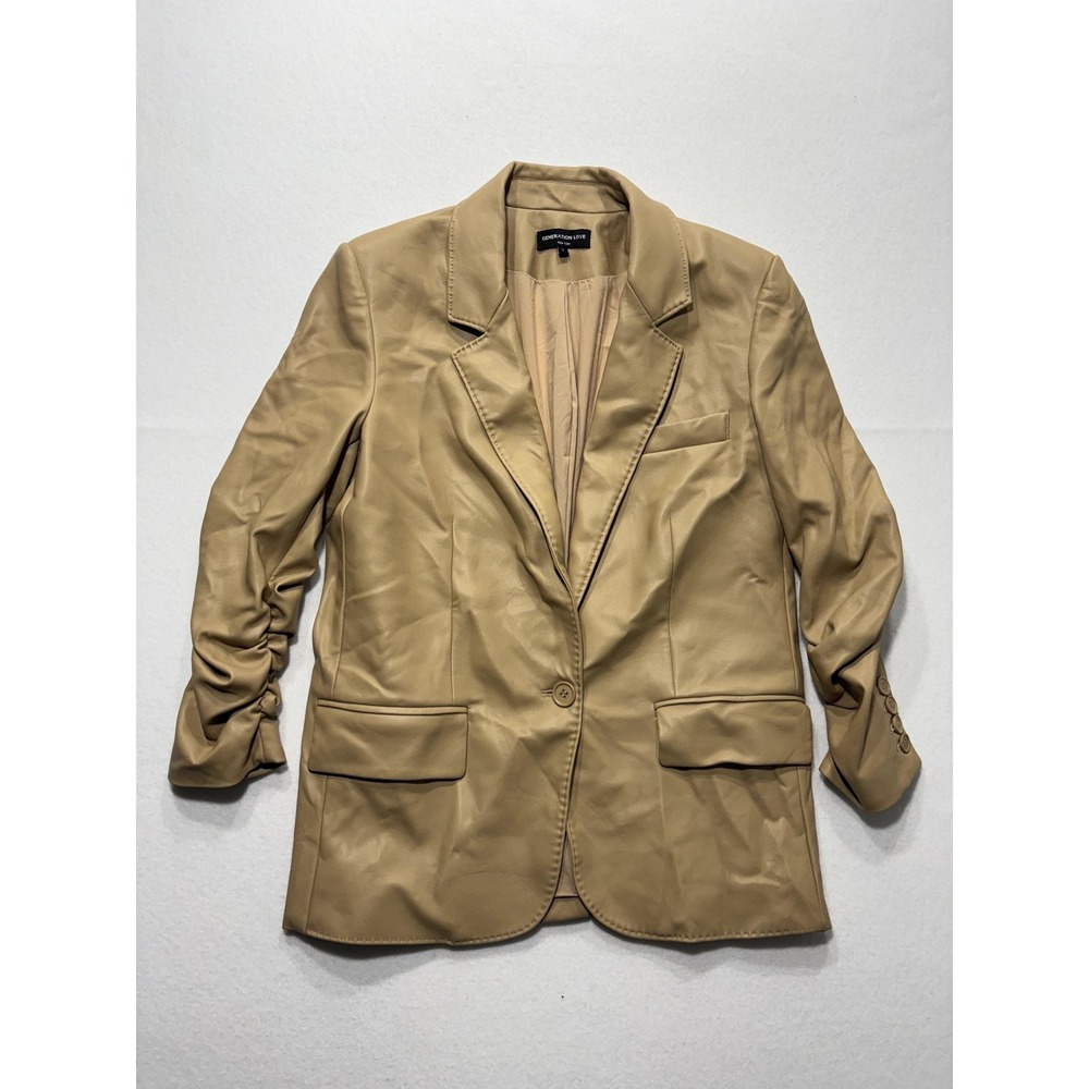 Generation Love Blazer Womens S Beige Faux Leather Ruched Sleeve Lined Jacket